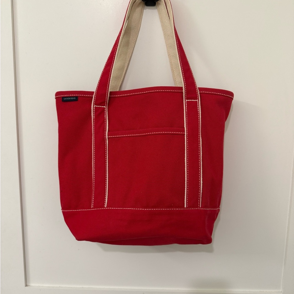 Lands’ End Vibrant Red Tote with Cream Accents- Medium, Open Top
